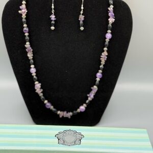 Amethyst & Black Beaded Necklace & Earring Set w/ twisted rope toggle clasp 0002